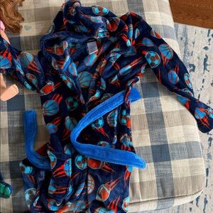 Cuddl Duds Kids Plush Robe - Navy Blue with Light Blue & Orange Sports Print